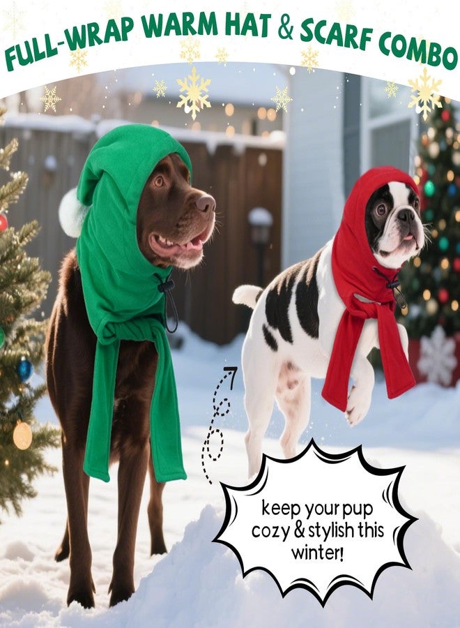 DENTRUN Dog Winter Hat with Scarf & Pom Pom - Adjustable Fleece Hood for Small Dogs, Christmas Costume, Green (S:8-10" Head Girth) - Image 2